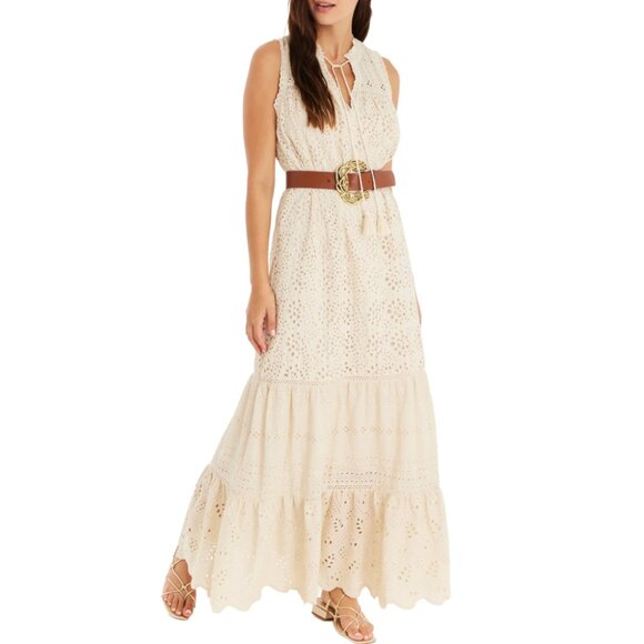 Allison Estelle Cream Eyelet Maxi Dress Small Cotton NWT Belted Boho Embroidered - Picture 1 of 14